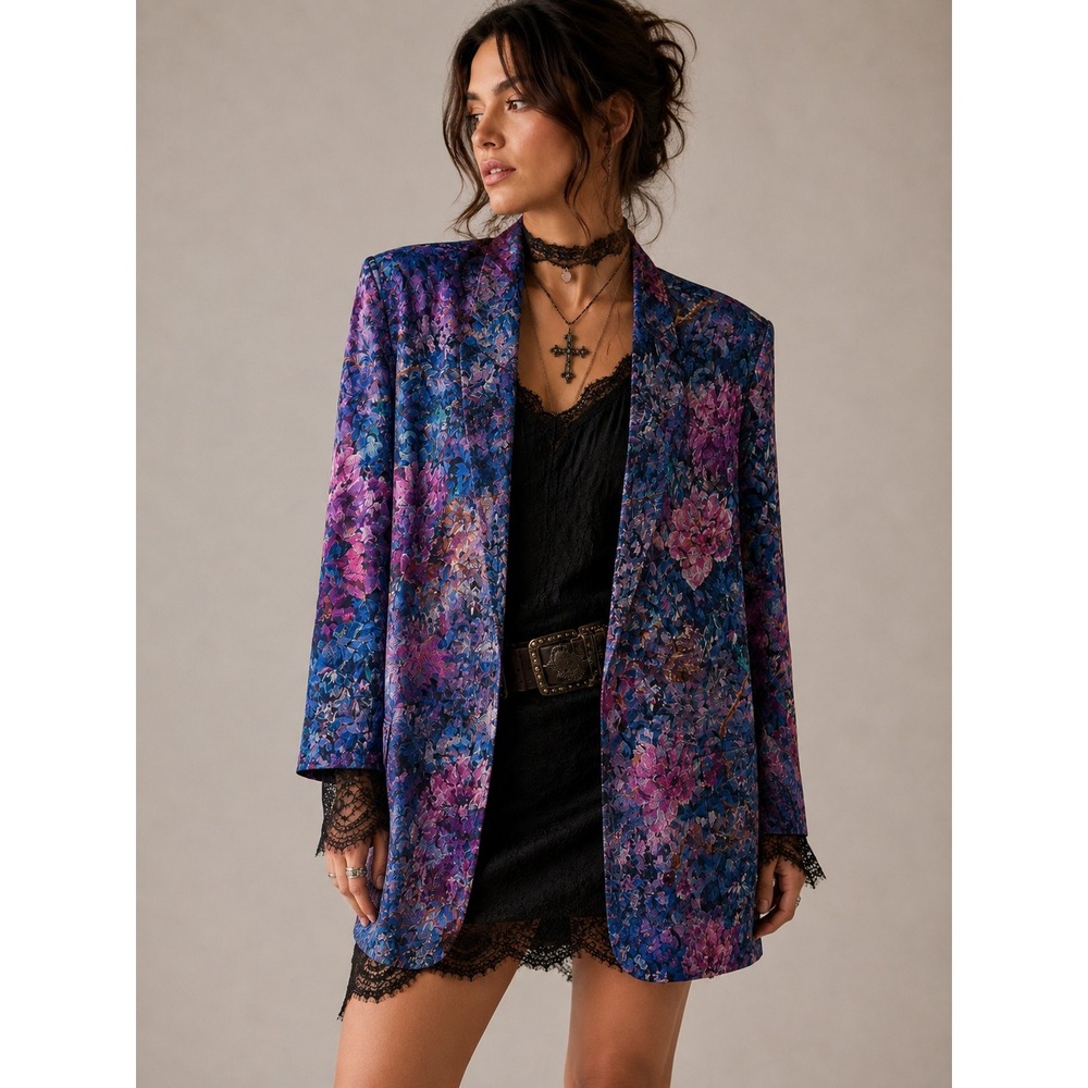 90s Whimsigoth Dark Romantic Floral Jacquard Blazer Jacket USA Made M - Picture 1 of 11